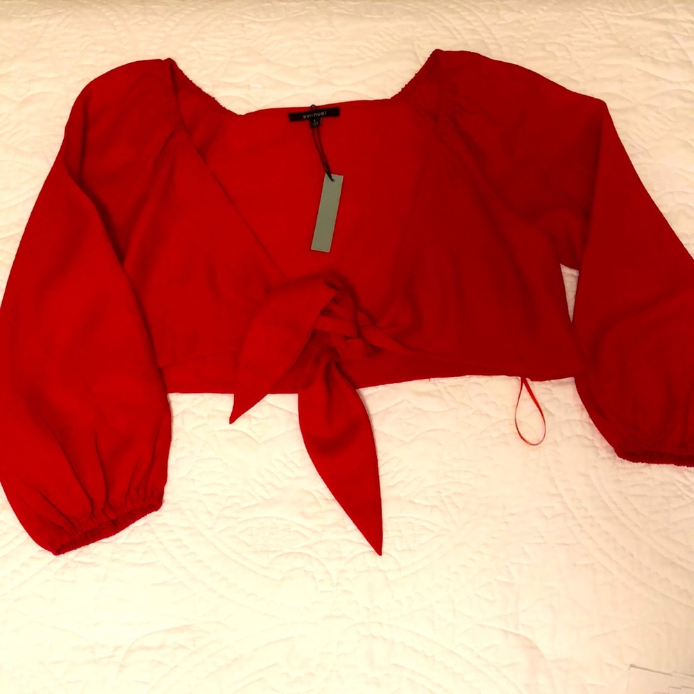 Red cropped tie-front top